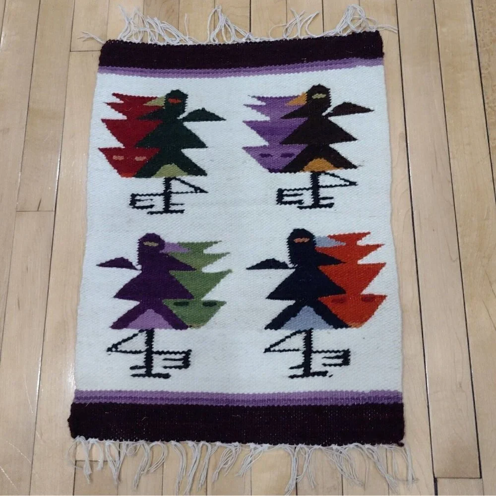 Vtg Set Handmade Peruvian Textile Placemats Wall Hangings Folk Art Girls Birds